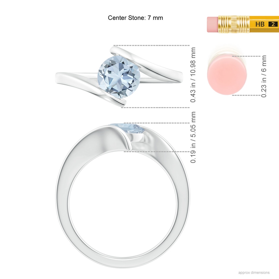 7mm A Bar-Set Solitaire Round Aquamarine Bypass Ring in 18K White Gold ruler