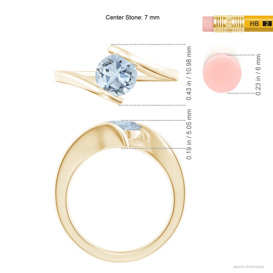 7mm A Bar-Set Solitaire Round Aquamarine Bypass Ring in 18K Yellow Gold ruler