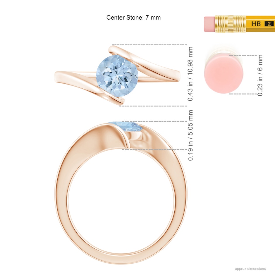 7mm AA Bar-Set Solitaire Round Aquamarine Bypass Ring in Rose Gold ruler