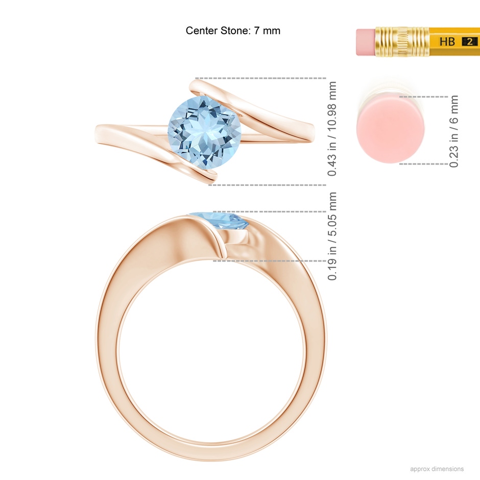 7mm AAA Bar-Set Solitaire Round Aquamarine Bypass Ring in 18K Rose Gold ruler