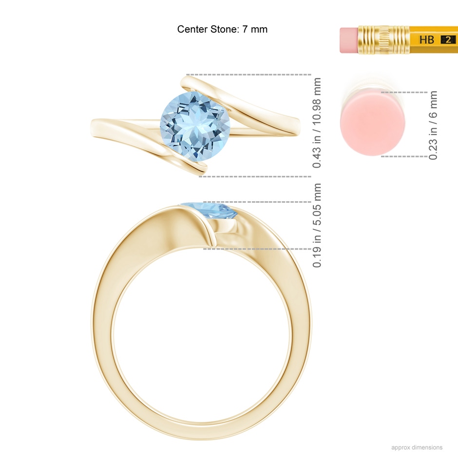 7mm AAA Bar-Set Solitaire Round Aquamarine Bypass Ring in 18K Yellow Gold ruler