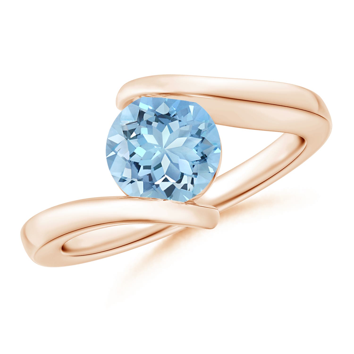 7mm AAAA Bar-Set Solitaire Round Aquamarine Bypass Ring in 18CT Rose Gold