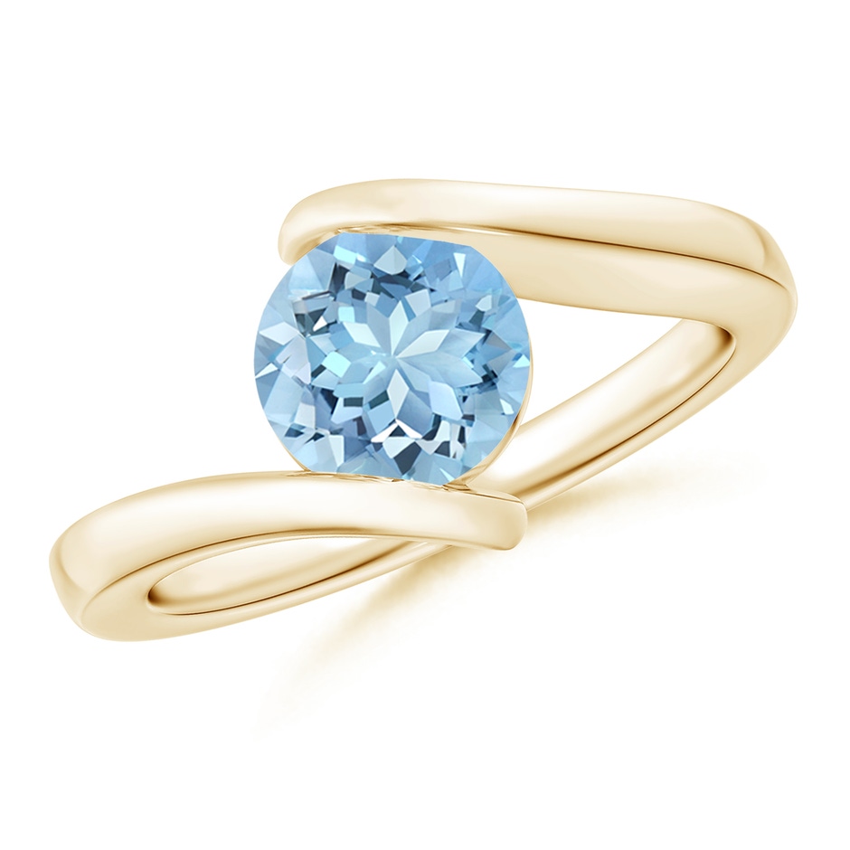 7mm AAAA Bar-Set Solitaire Round Aquamarine Bypass Ring in Yellow Gold 