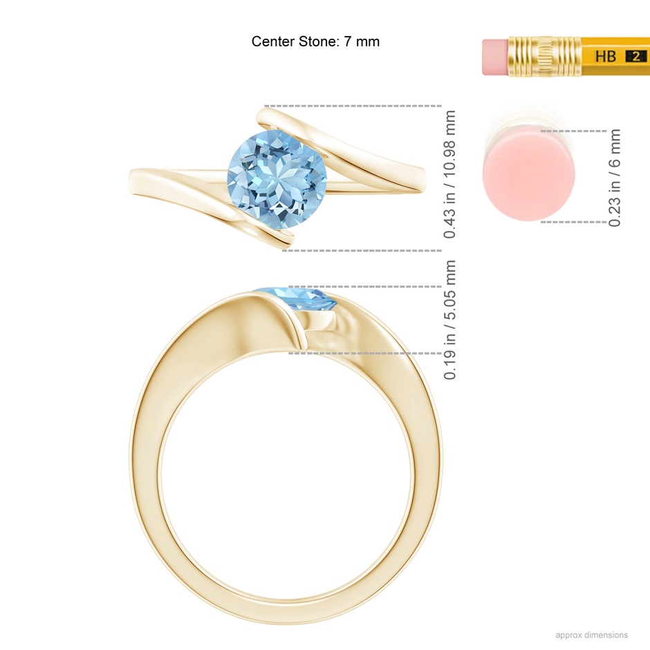 7mm AAAA Bar-Set Solitaire Round Aquamarine Bypass Ring in Yellow Gold ruler