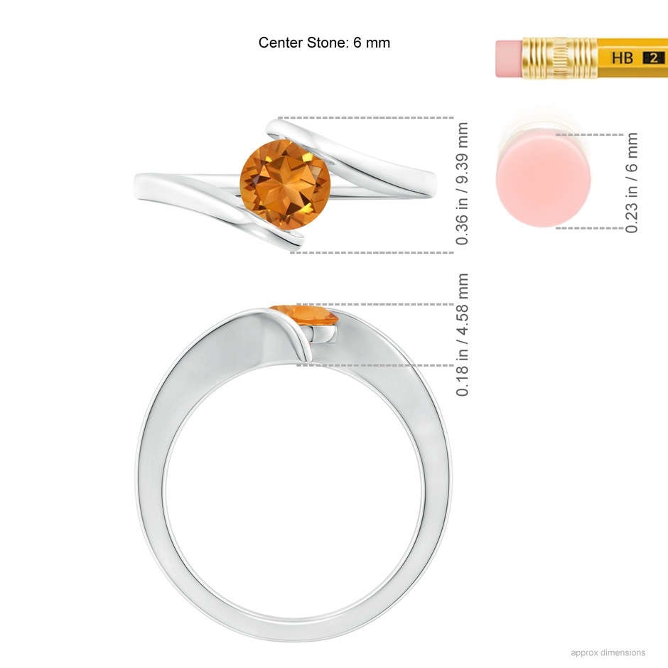 6mm AAA Bar-Set Solitaire Round Citrine Bypass Ring in 18K White Gold ruler
