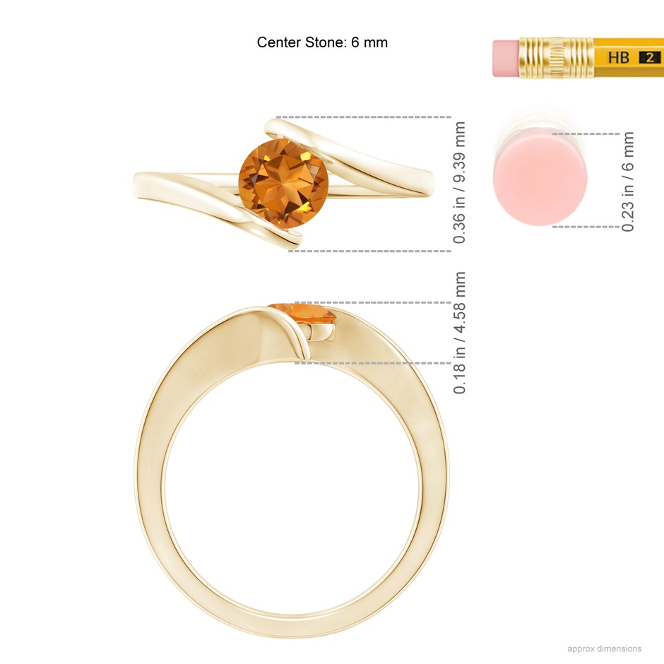 6mm AAA Bar-Set Solitaire Round Citrine Bypass Ring in 18K Yellow Gold ruler