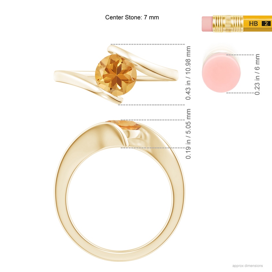 7mm A Bar-Set Solitaire Round Citrine Bypass Ring in Yellow Gold ruler