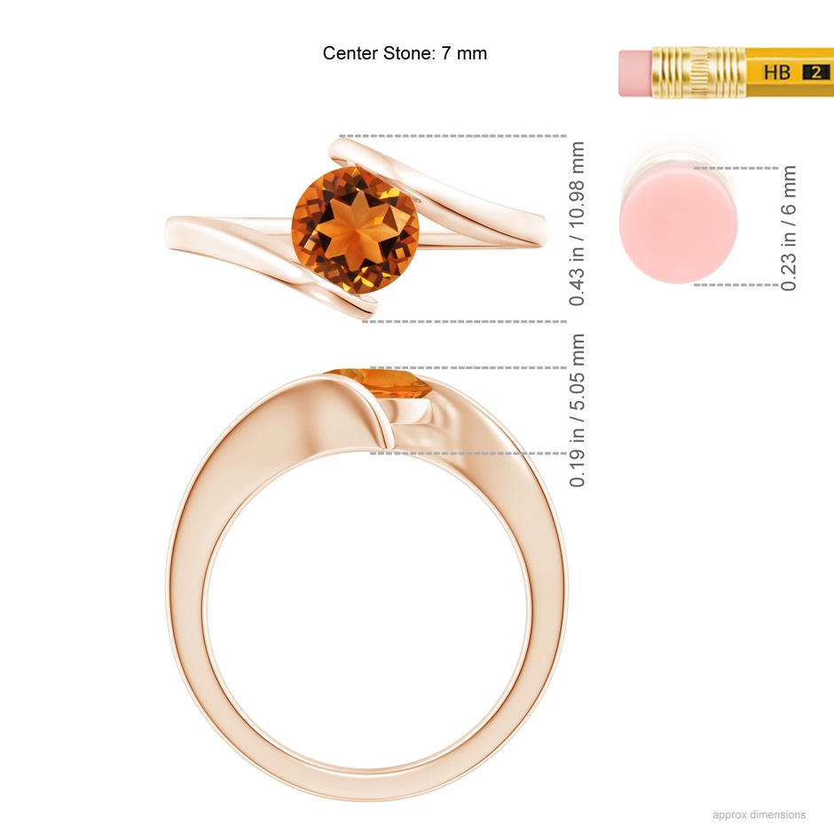 7mm AAAA Bar-Set Solitaire Round Citrine Bypass Ring in Rose Gold ruler