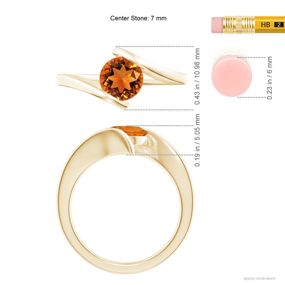 7mm AAAA Bar-Set Solitaire Round Citrine Bypass Ring in Yellow Gold ruler