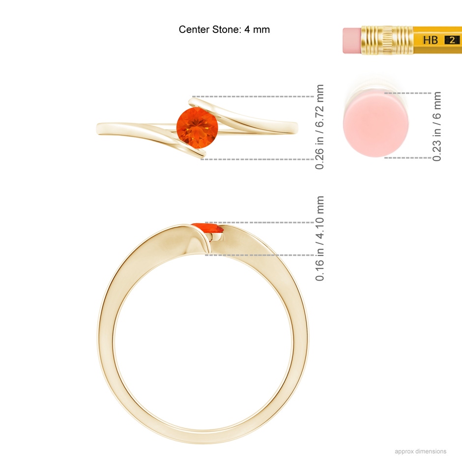 4mm AAA Bar-Set Solitaire Round Fire Opal Bypass Ring in Yellow Gold ruler