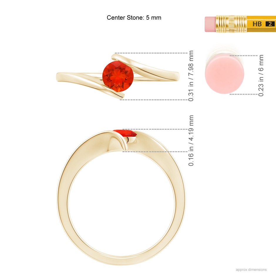 5mm AAAA Bar-Set Solitaire Round Fire Opal Bypass Ring in Yellow Gold ruler