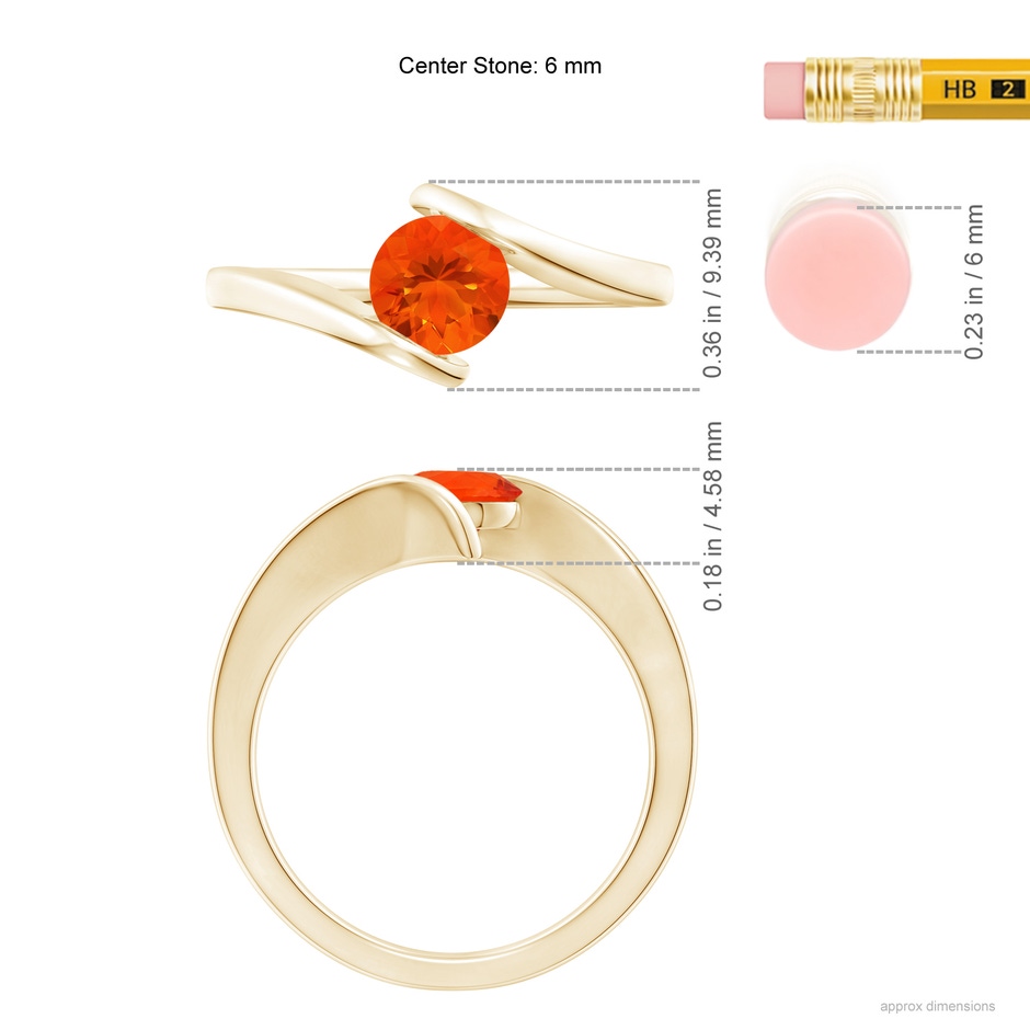 6mm AAA Bar-Set Solitaire Round Fire Opal Bypass Ring in Yellow Gold ruler