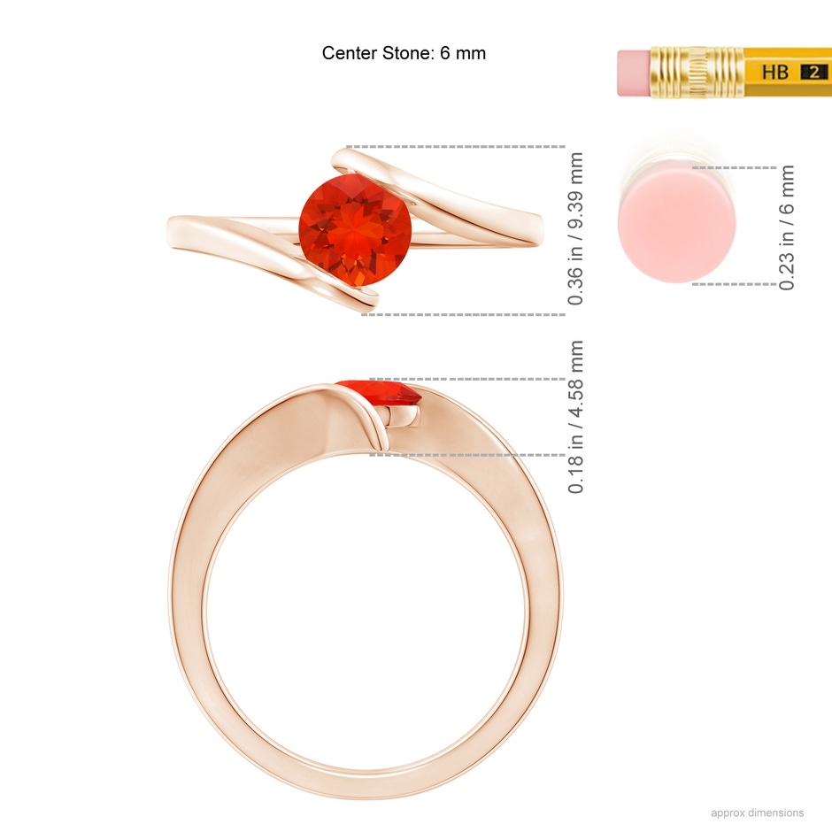 6mm AAAA Bar-Set Solitaire Round Fire Opal Bypass Ring in Rose Gold ruler