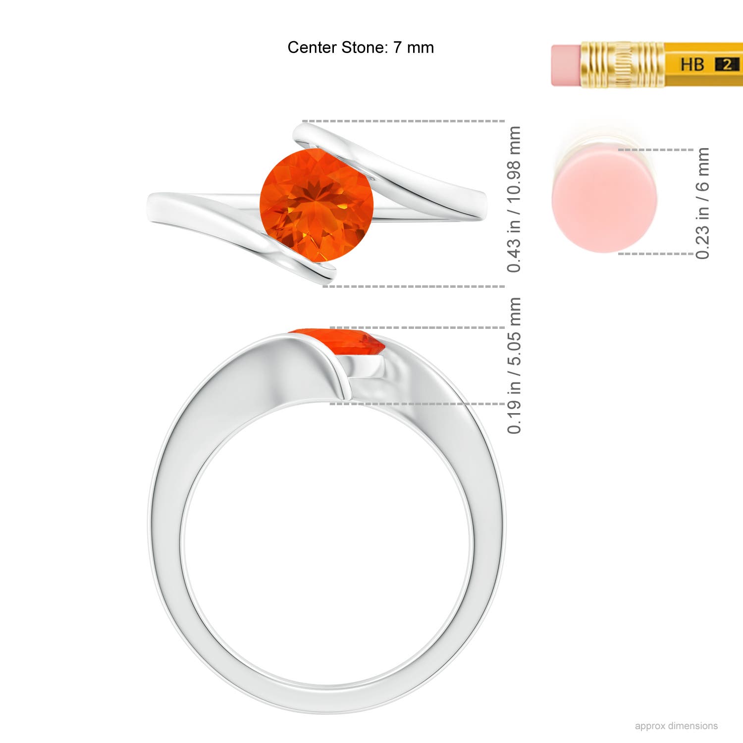 7mm AAA Bar-Set Solitaire Round Fire Opal Bypass Ring in White Gold - ruler