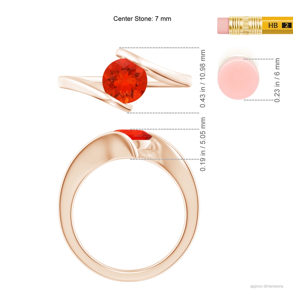 7mm AAAA Bar-Set Solitaire Round Fire Opal Bypass Ring in Rose Gold ruler