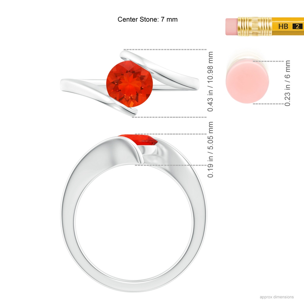 7mm AAAA Bar-Set Solitaire Round Fire Opal Bypass Ring in White Gold Ruler