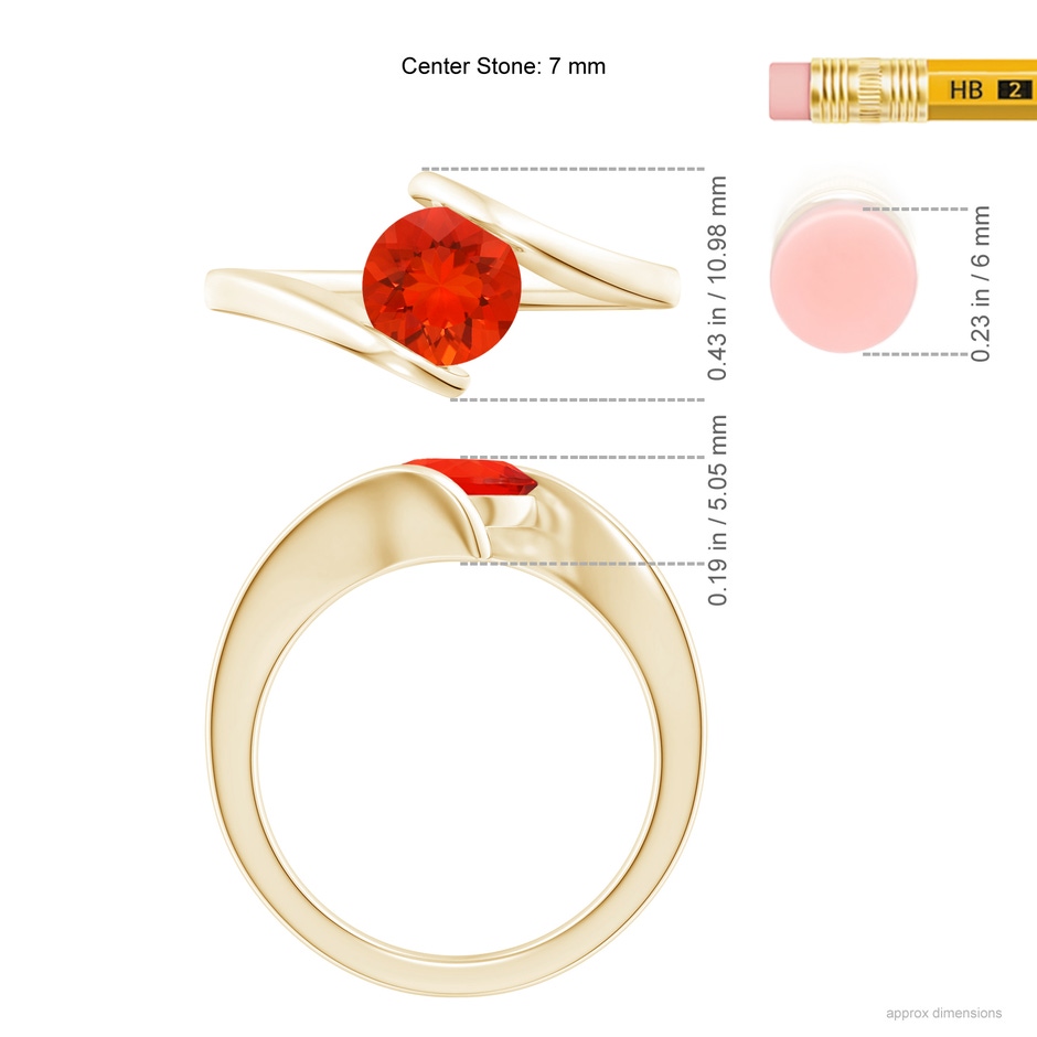 7mm AAAA Bar-Set Solitaire Round Fire Opal Bypass Ring in Yellow Gold ruler
