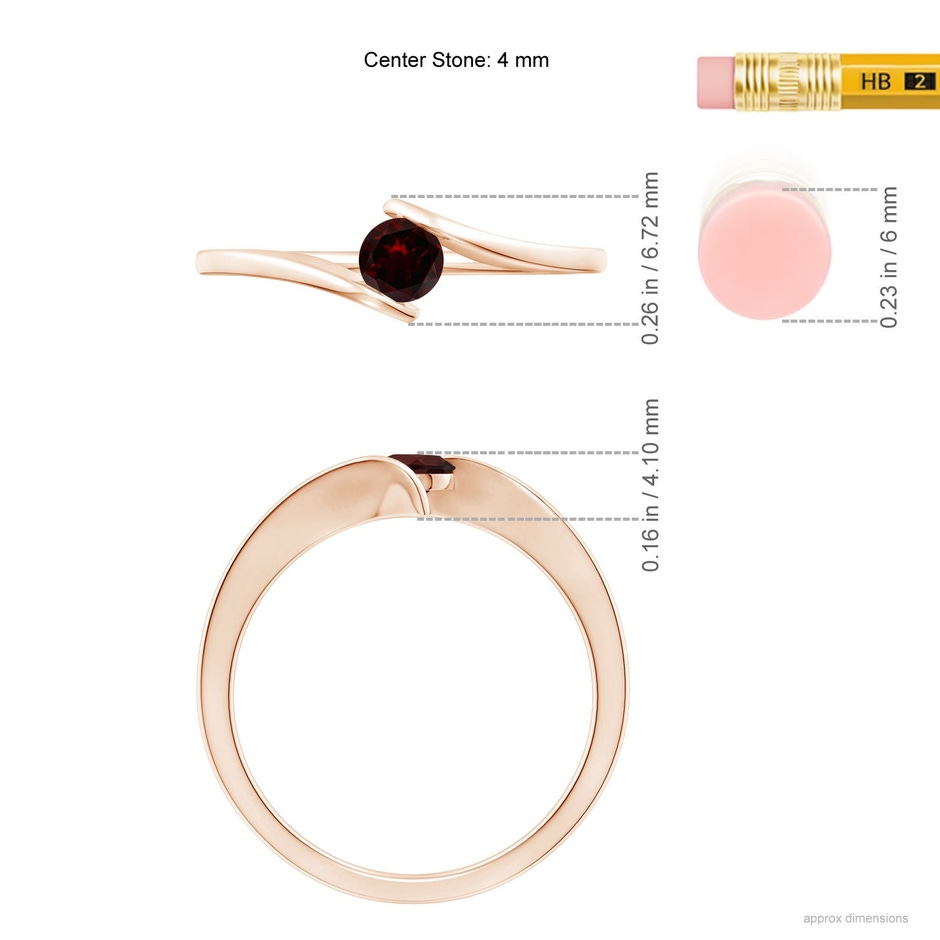 4mm A Bar-Set Solitaire Round Garnet Bypass Ring in Rose Gold ruler