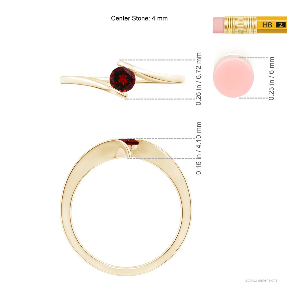 4mm AAAA Bar-Set Solitaire Round Garnet Bypass Ring in Yellow Gold ruler