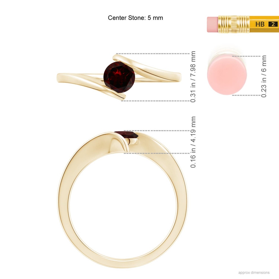 5mm A Bar-Set Solitaire Round Garnet Bypass Ring in Yellow Gold ruler