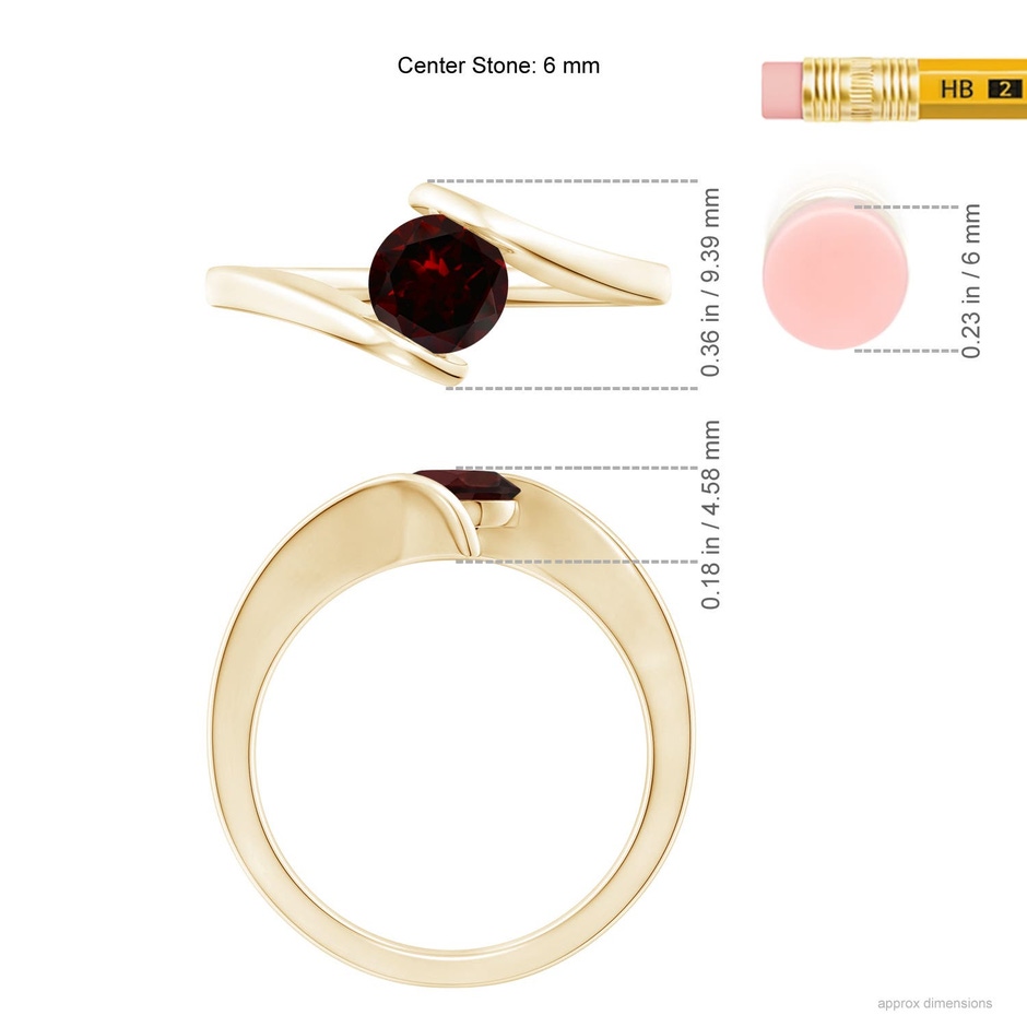 6mm A Bar-Set Solitaire Round Garnet Bypass Ring in Yellow Gold ruler