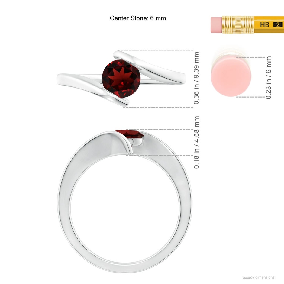 6mm AAA Bar-Set Solitaire Round Garnet Bypass Ring in 18K White Gold ruler