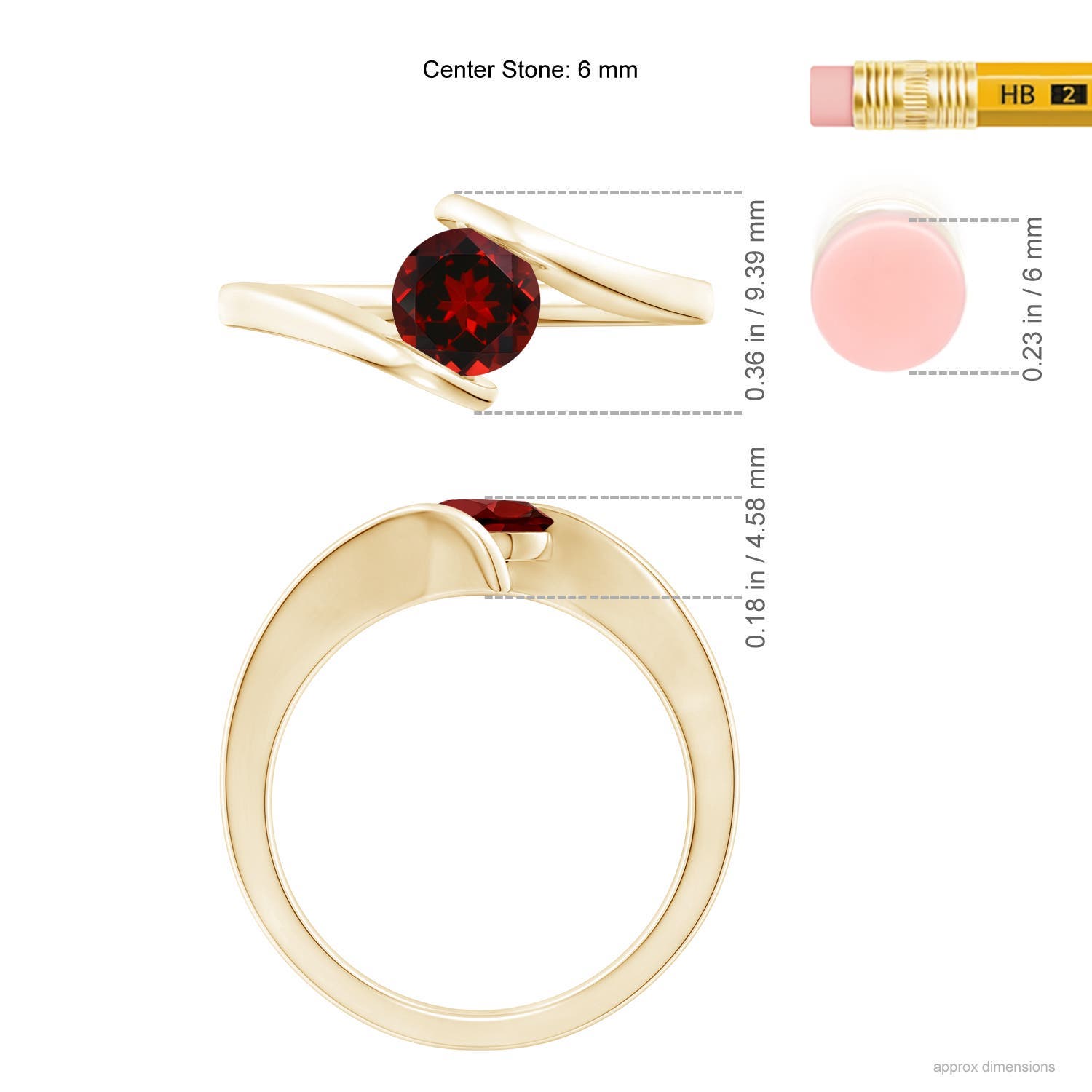 6mm AAAA Bar-Set Solitaire Round Garnet Bypass Ring in Yellow Gold - ruler