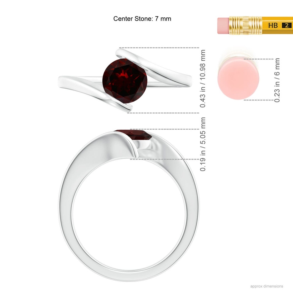 7mm A Bar-Set Solitaire Round Garnet Bypass Ring in 18K White Gold ruler