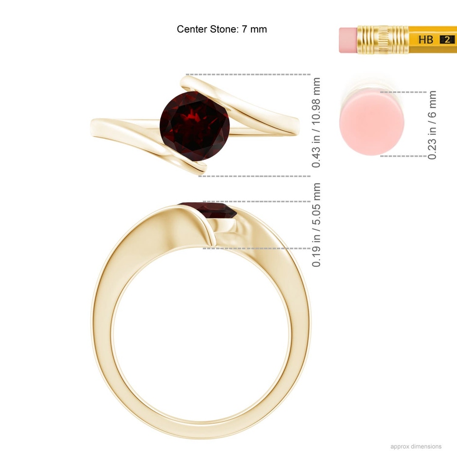 7mm A Bar-Set Solitaire Round Garnet Bypass Ring in 18K Yellow Gold ruler