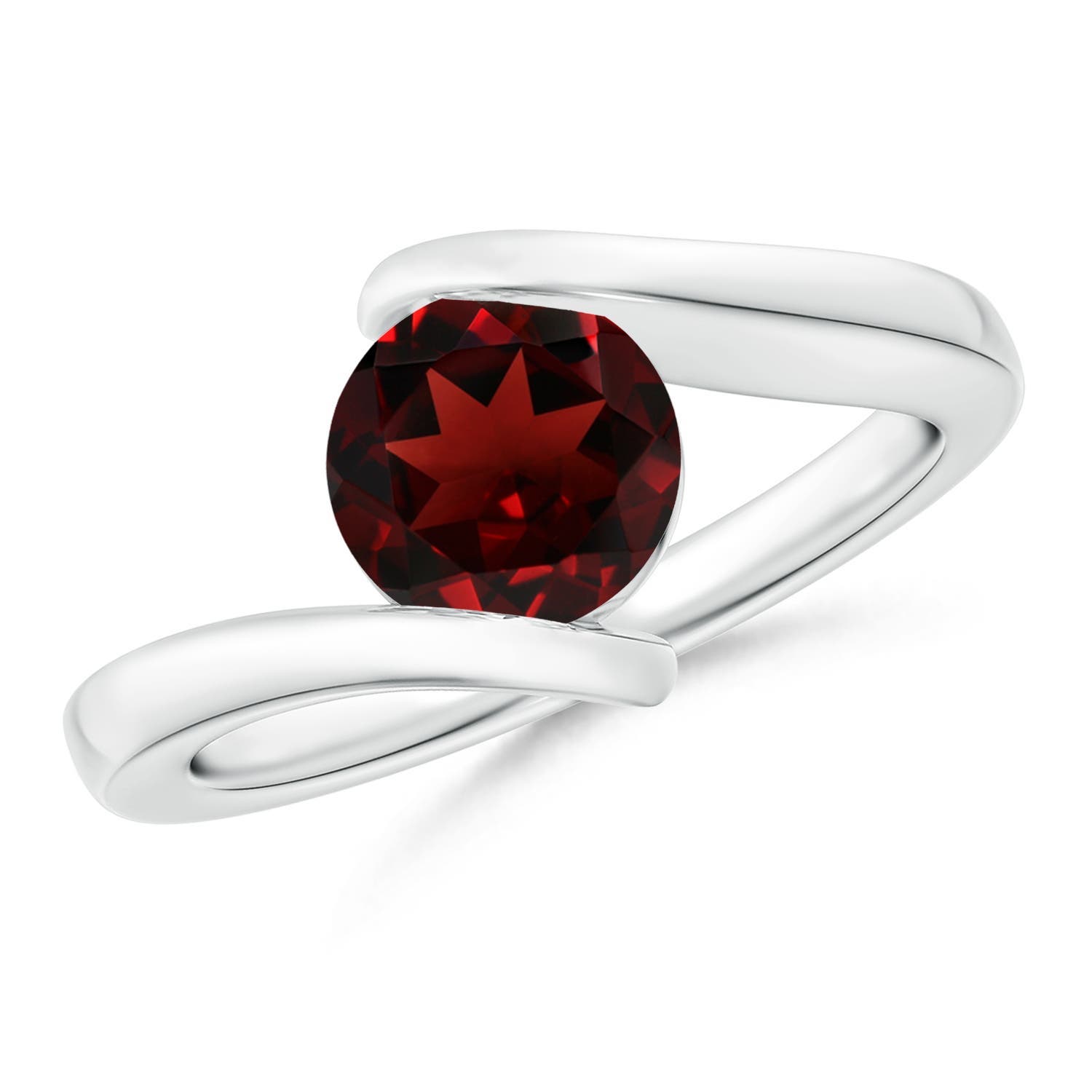 7mm AAA Bar-Set Solitaire Round Garnet Bypass Ring in 18K White Gold
