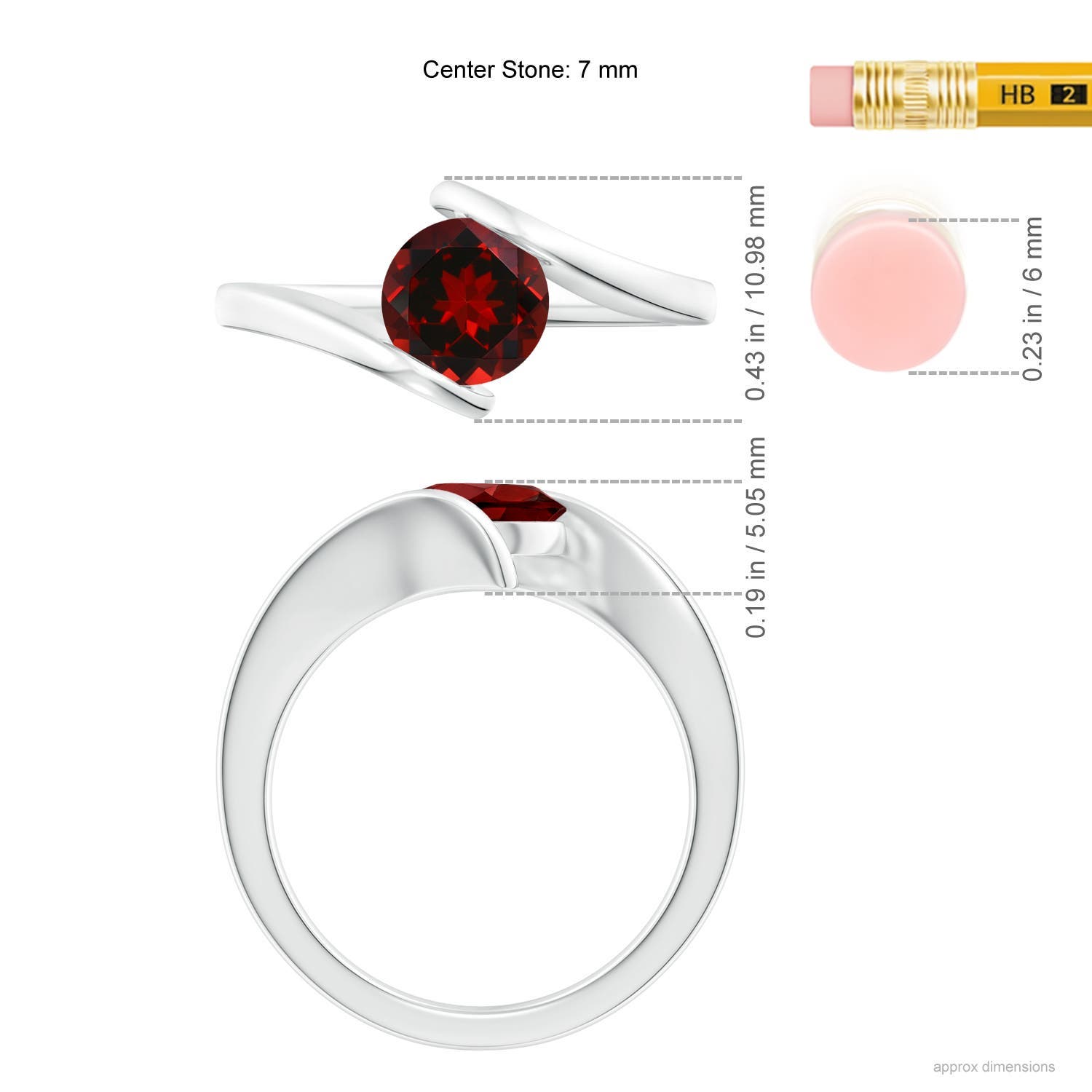 7mm AAAA Bar-Set Solitaire Round Garnet Bypass Ring in 18K White Gold - ruler