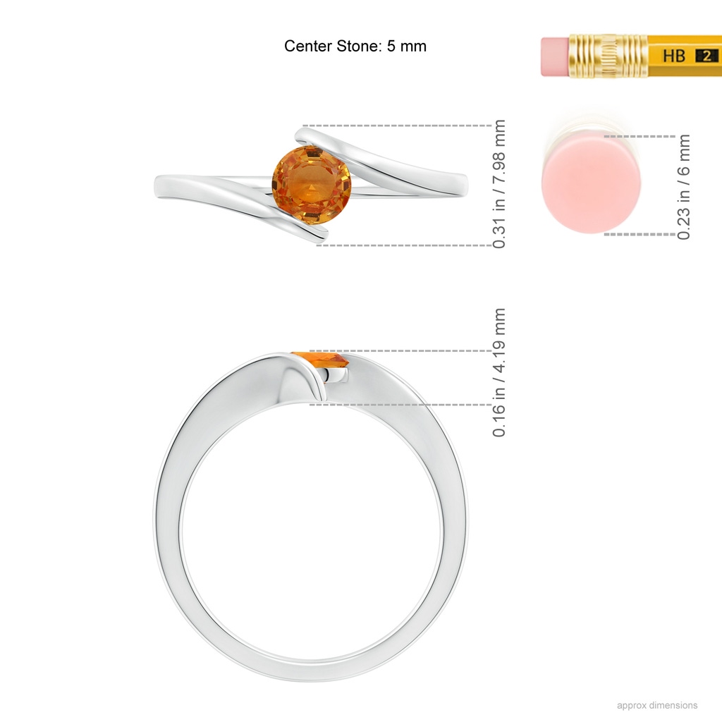 5mm AAA Bar-Set Solitaire Round Orange Sapphire Bypass Ring in White Gold Ruler