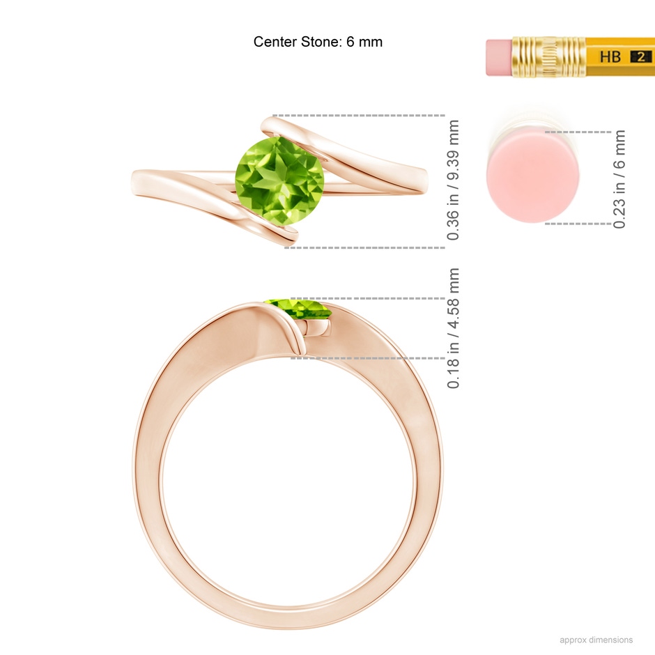 6mm AAA Bar-Set Solitaire Round Peridot Bypass Ring in 18K Rose Gold ruler