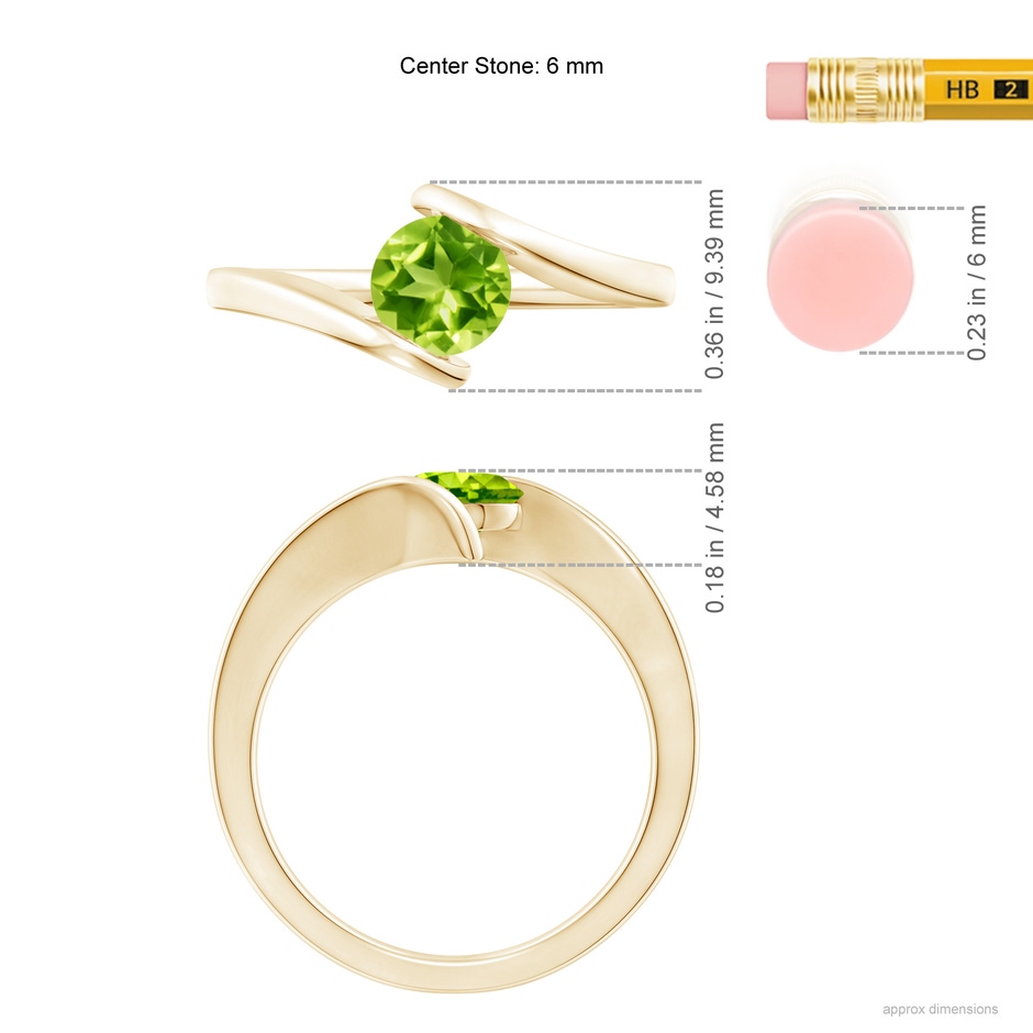 6mm AAA Bar-Set Solitaire Round Peridot Bypass Ring in 18K Yellow Gold ruler
