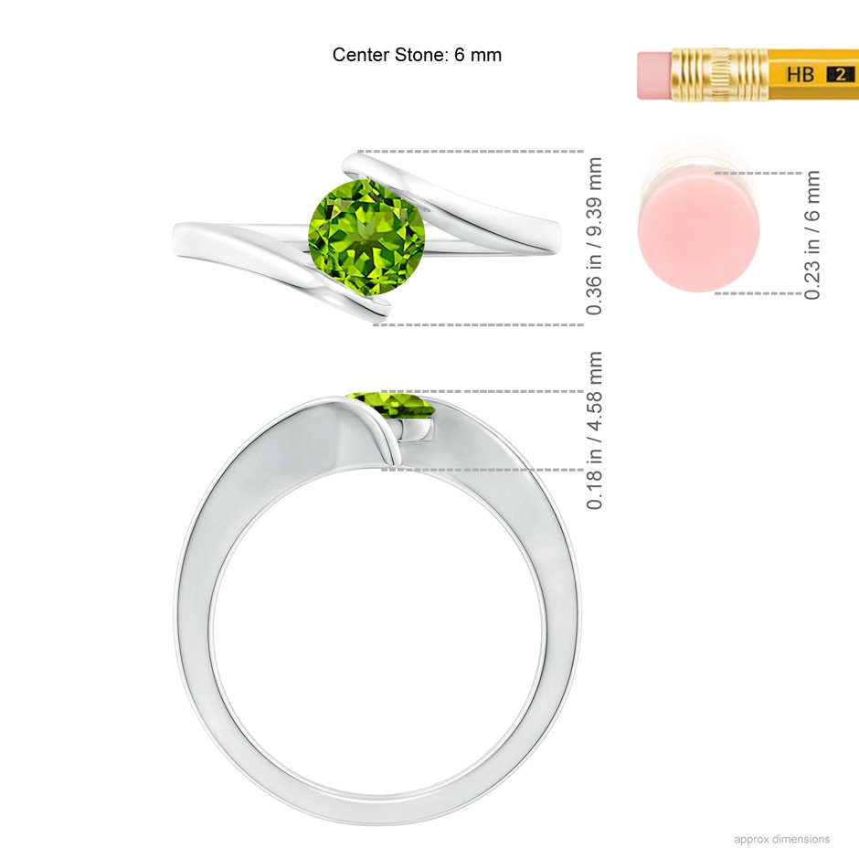 6mm AAAA Bar-Set Solitaire Round Peridot Bypass Ring in 18K White Gold ruler