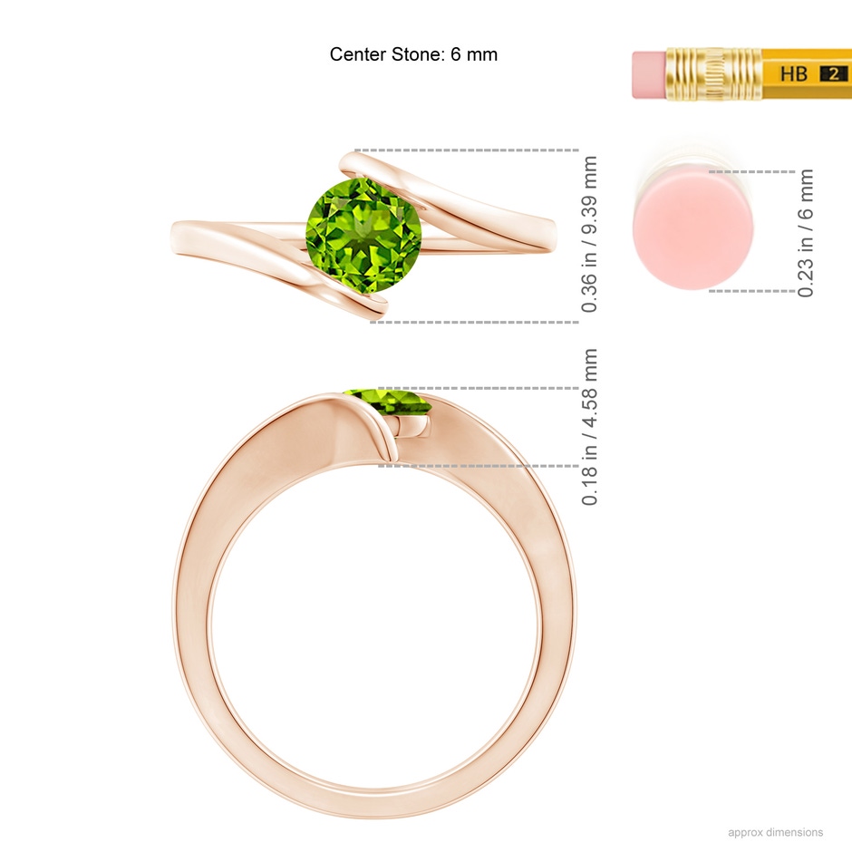 6mm AAAA Bar-Set Solitaire Round Peridot Bypass Ring in Rose Gold ruler