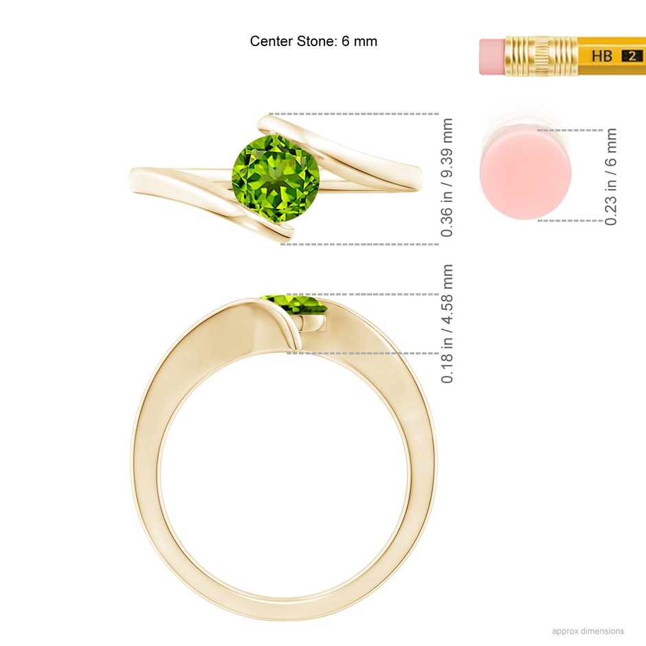 6mm AAAA Bar-Set Solitaire Round Peridot Bypass Ring in Yellow Gold ruler