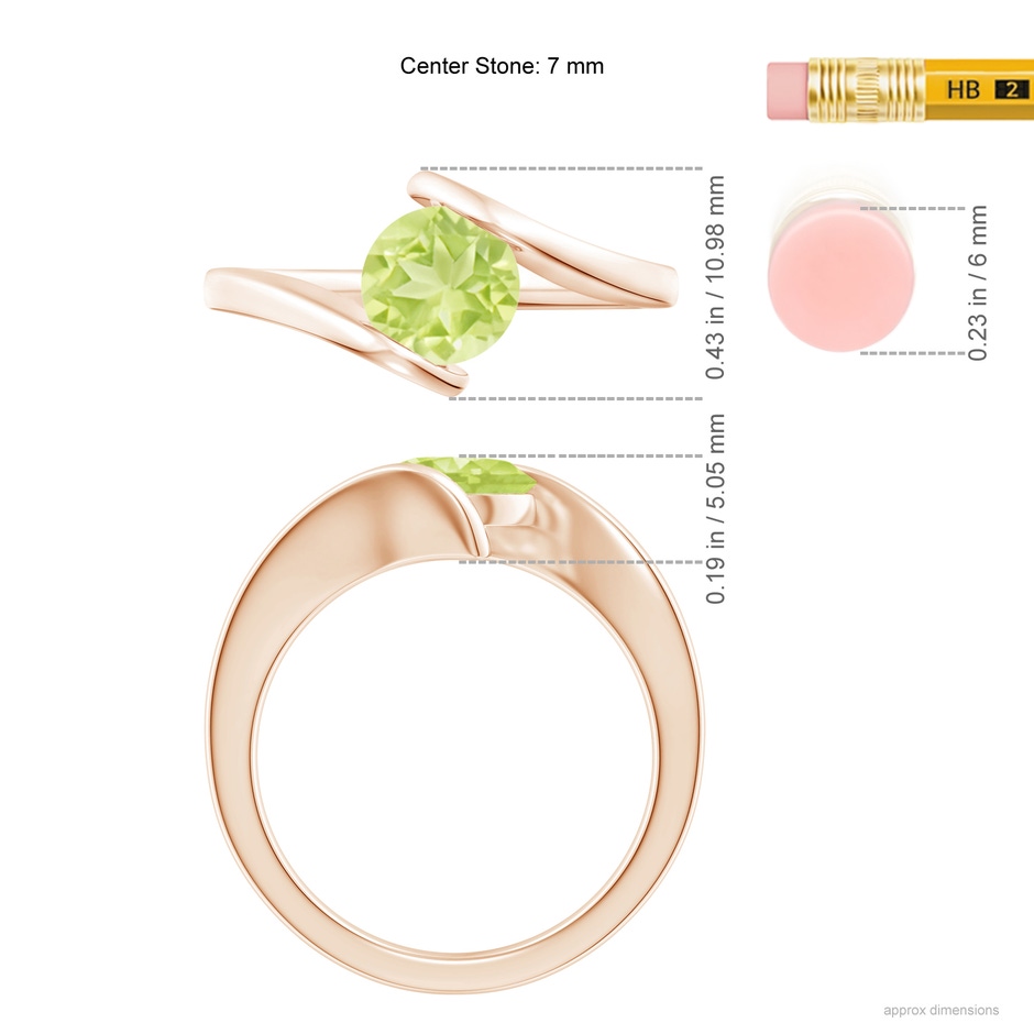 7mm A Bar-Set Solitaire Round Peridot Bypass Ring in 18K Rose Gold ruler