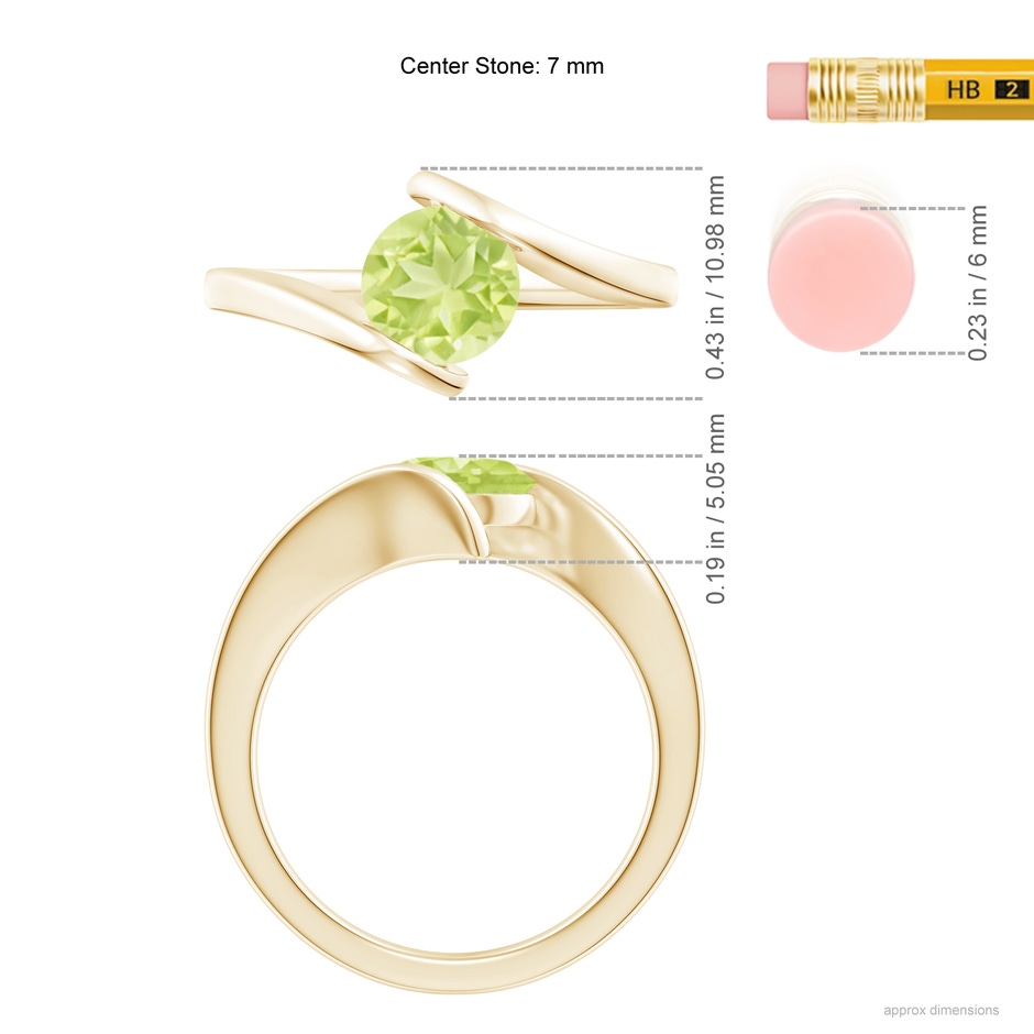 7mm A Bar-Set Solitaire Round Peridot Bypass Ring in 18K Yellow Gold ruler