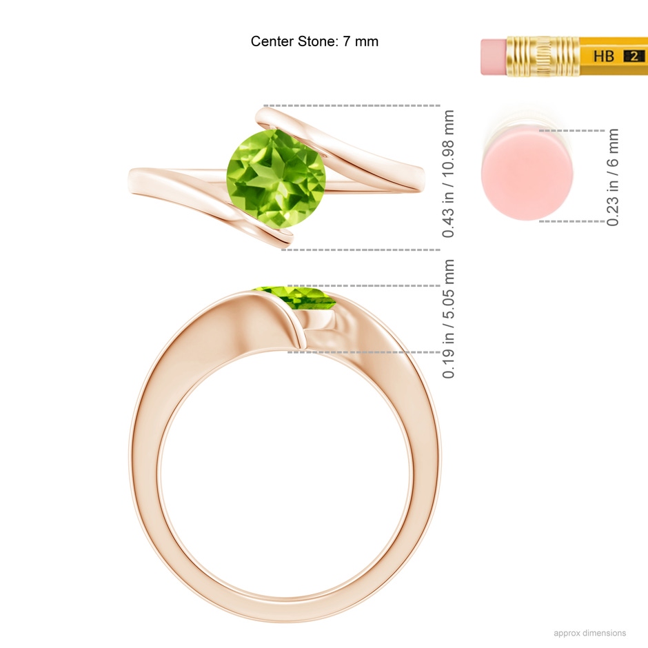 7mm AAA Bar-Set Solitaire Round Peridot Bypass Ring in 18K Rose Gold ruler