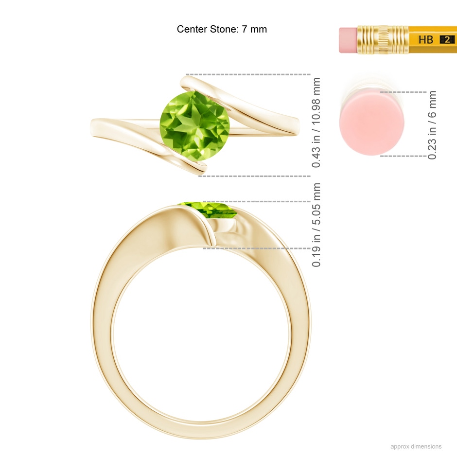 7mm AAA Bar-Set Solitaire Round Peridot Bypass Ring in 18K Yellow Gold ruler
