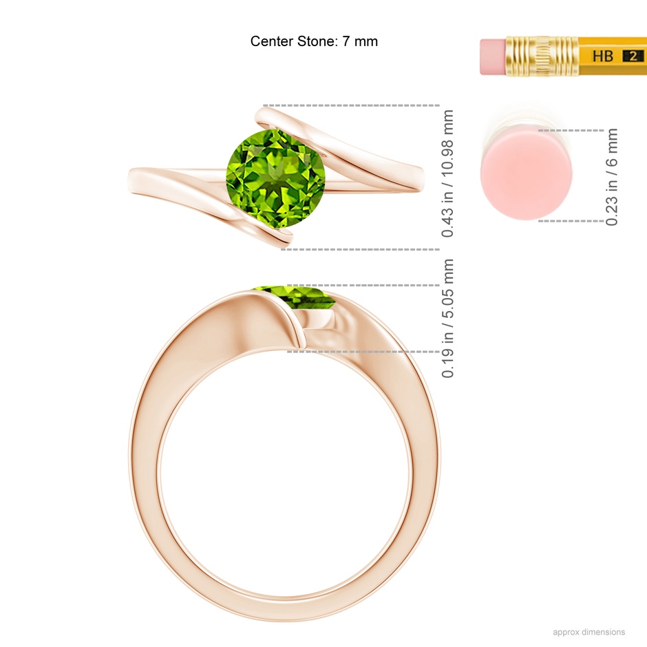 7mm AAAA Bar-Set Solitaire Round Peridot Bypass Ring in 18K Rose Gold ruler
