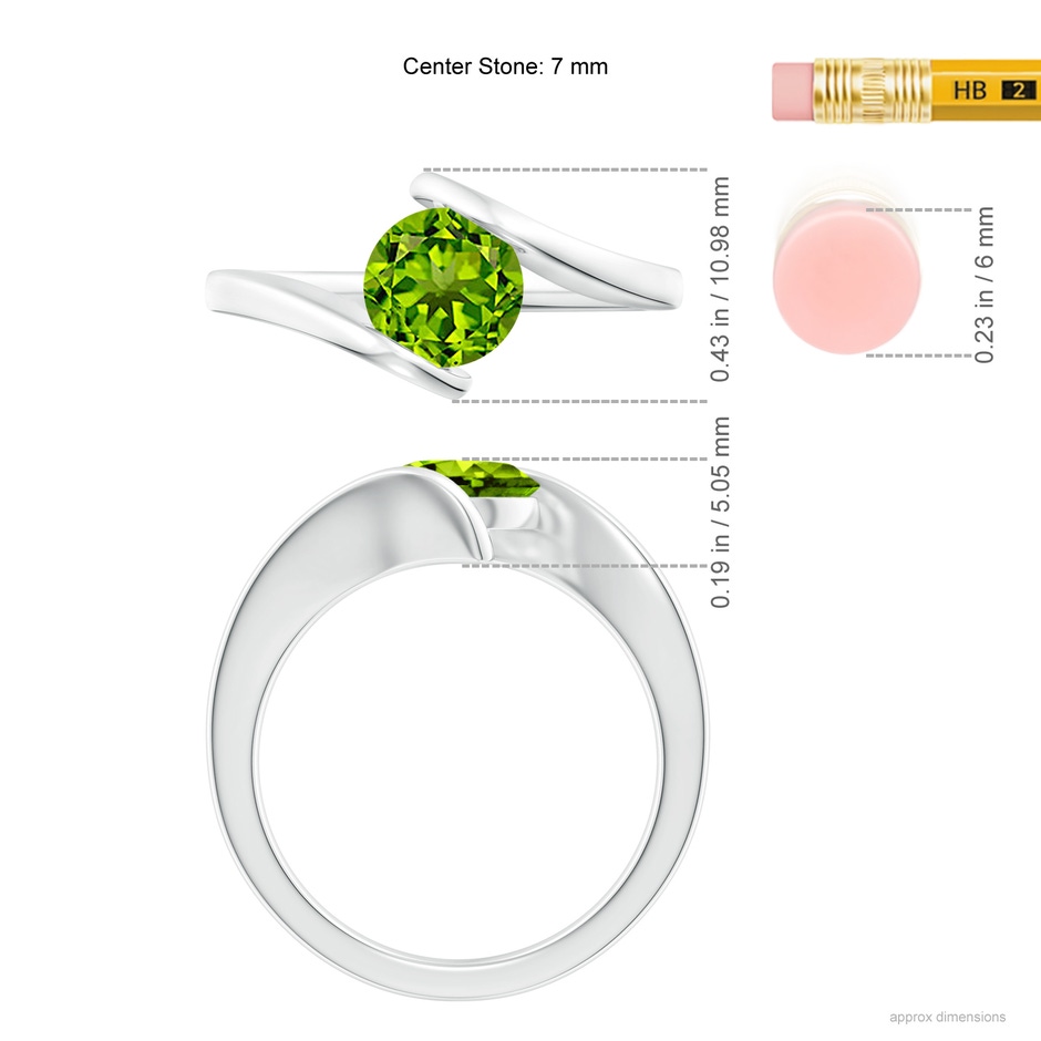 7mm AAAA Bar-Set Solitaire Round Peridot Bypass Ring in P950 Platinum ruler