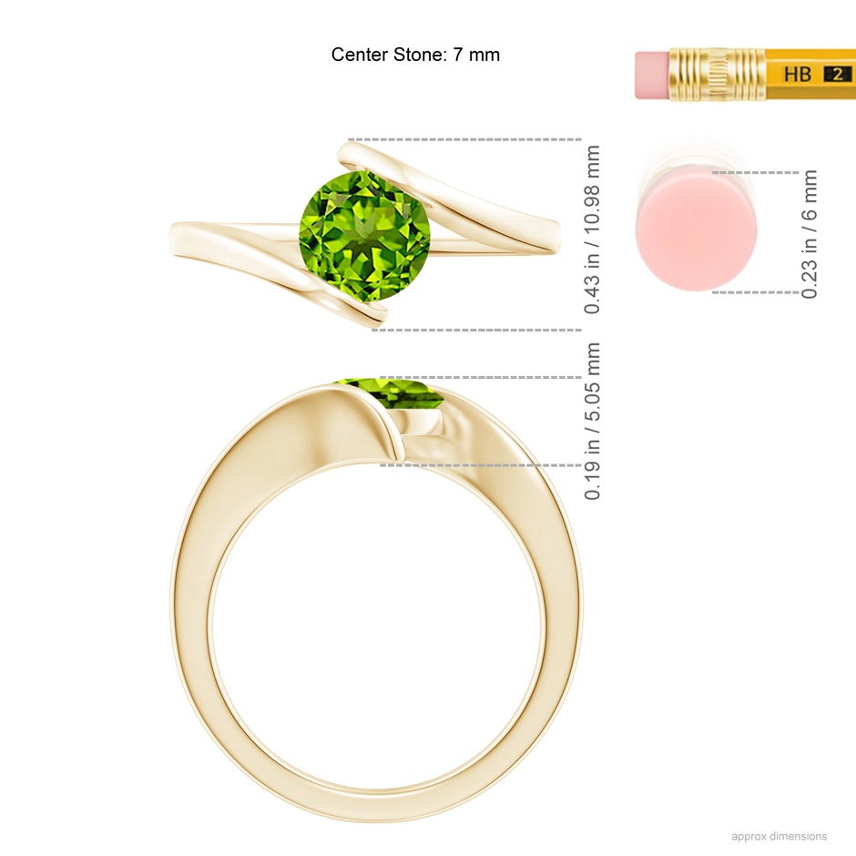 7mm AAAA Bar-Set Solitaire Round Peridot Bypass Ring in Yellow Gold ruler
