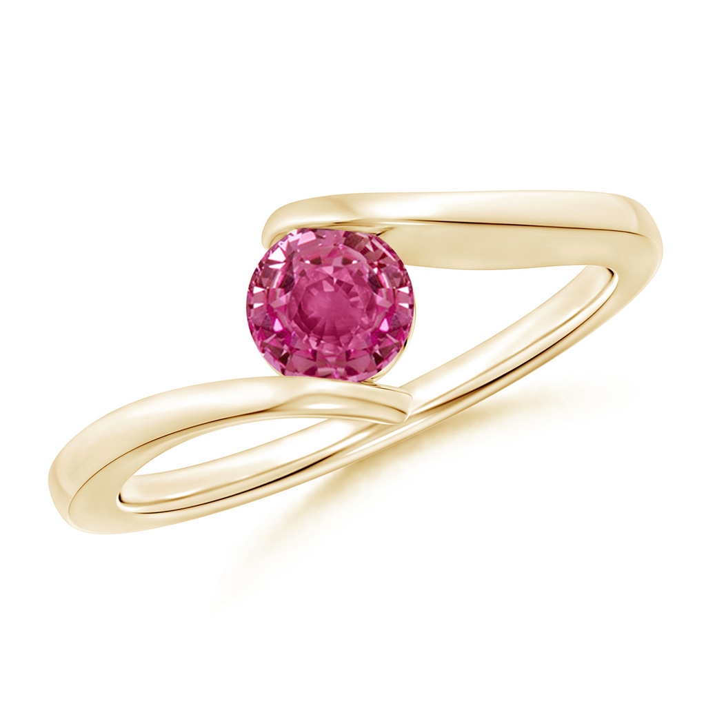 5mm AAAA Bar-Set Solitaire Round Pink Sapphire Bypass Ring in Yellow Gold