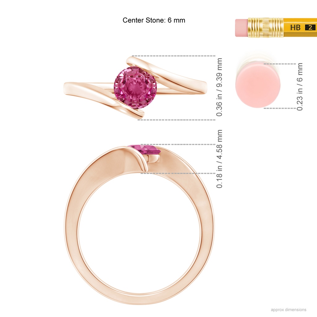 6mm AAAA Bar-Set Solitaire Round Pink Sapphire Bypass Ring in Rose Gold Ruler