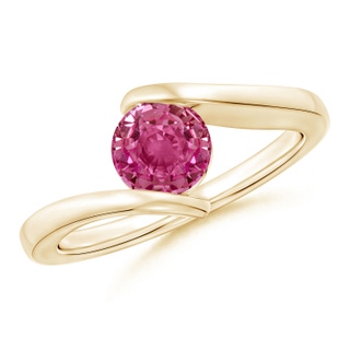 6mm AAAA Bar-Set Solitaire Round Pink Sapphire Bypass Ring in Yellow Gold