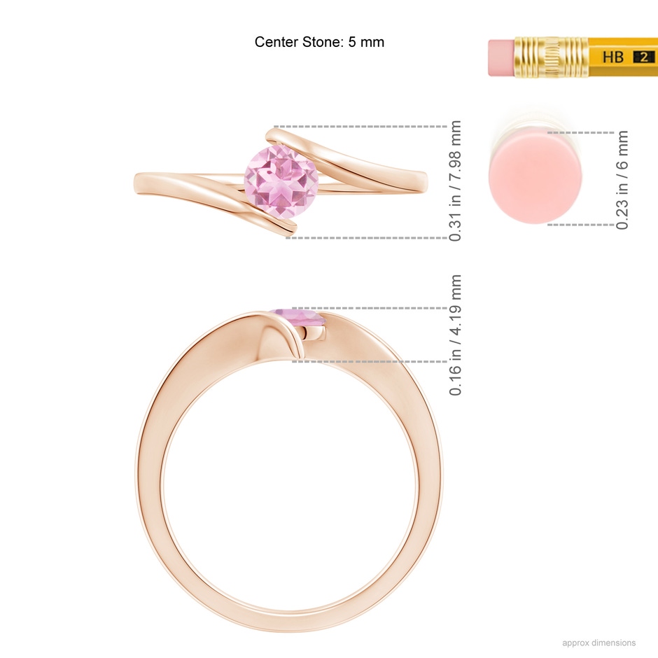 5mm A Bar-Set Solitaire Round Pink Tourmaline Bypass Ring in Rose Gold ruler