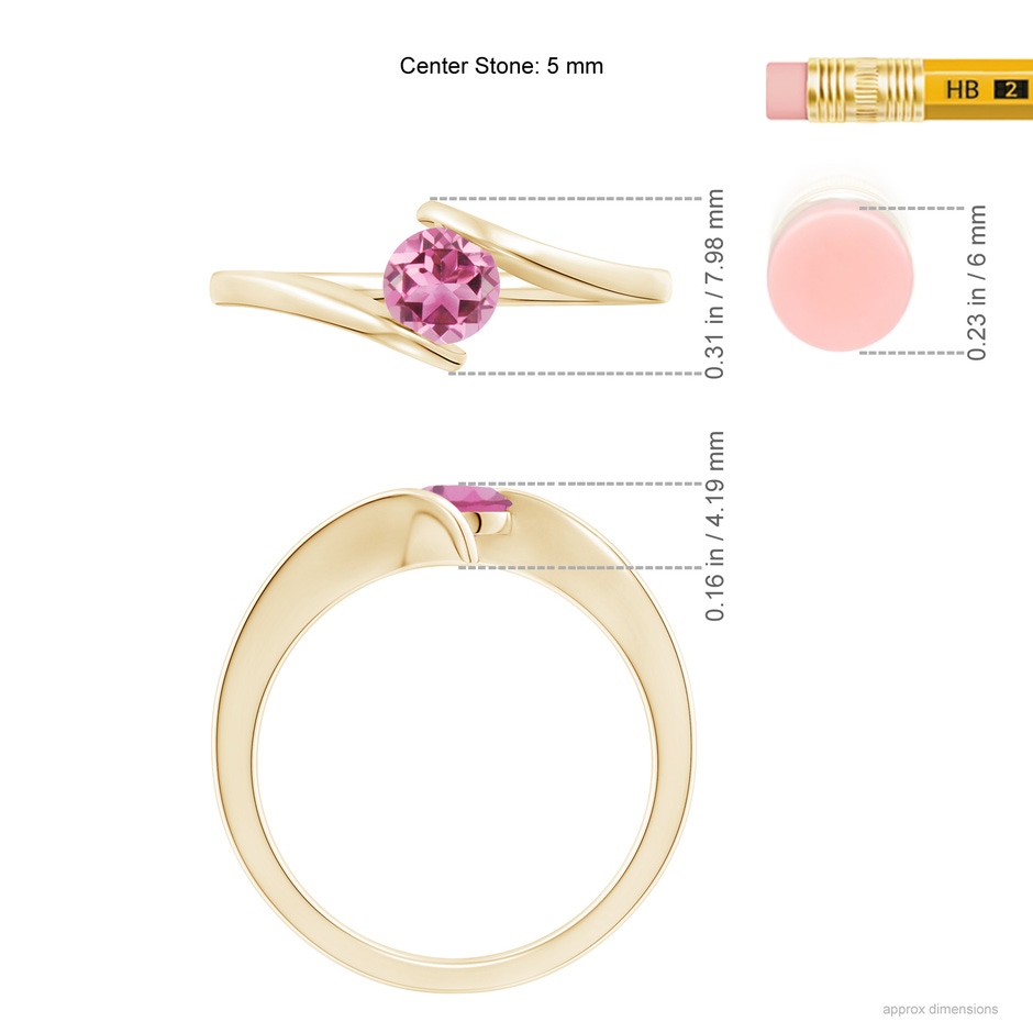 5mm AAA Bar-Set Solitaire Round Pink Tourmaline Bypass Ring in Yellow Gold ruler