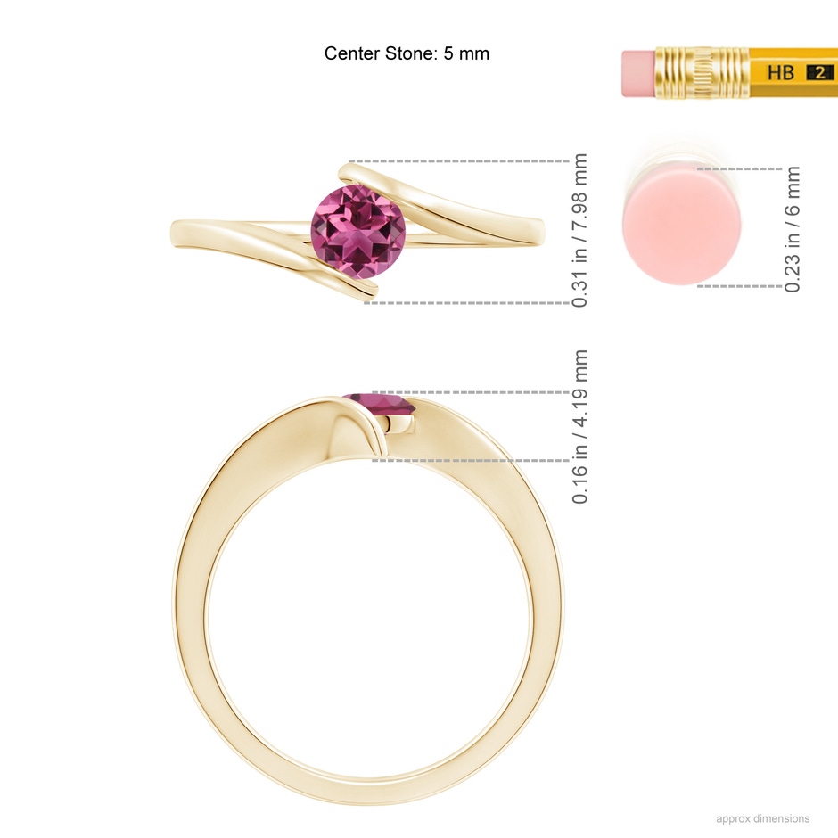 5mm AAAA Bar-Set Solitaire Round Pink Tourmaline Bypass Ring in Yellow Gold ruler